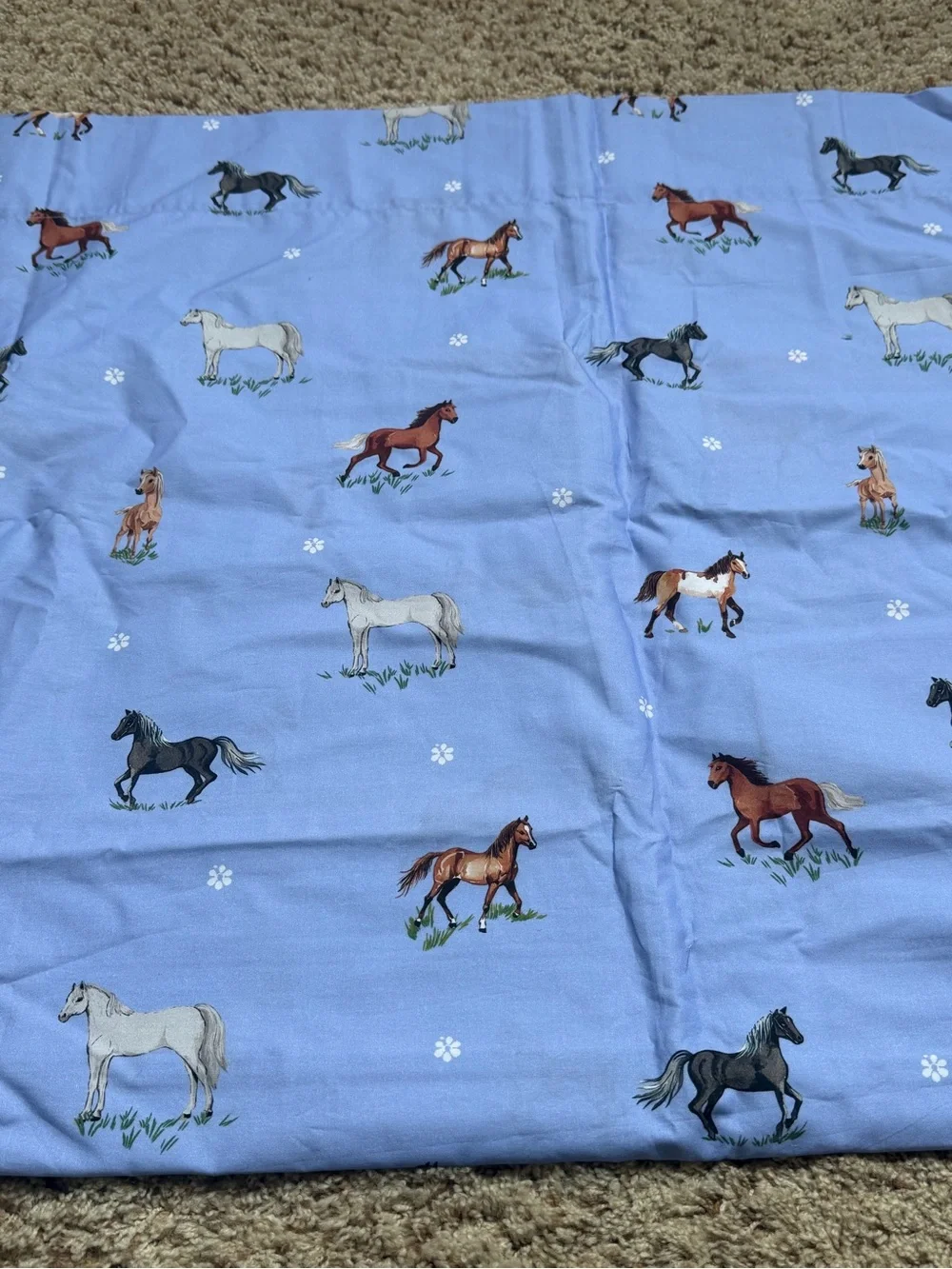 New Anthropologie organic percale cotton printed flat sheet queen full Horses